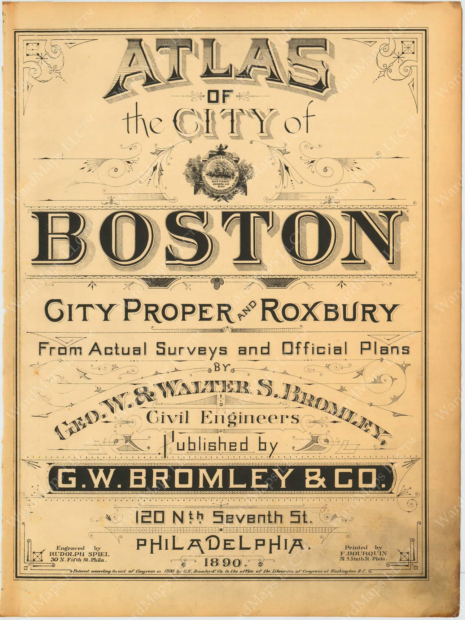 Antique 1908 Bay authentic Village, Boston, Massachusetts Map from G.W. Bromley Atlas – Theater District, Park Square, Common, Columbus, Boylston, MA