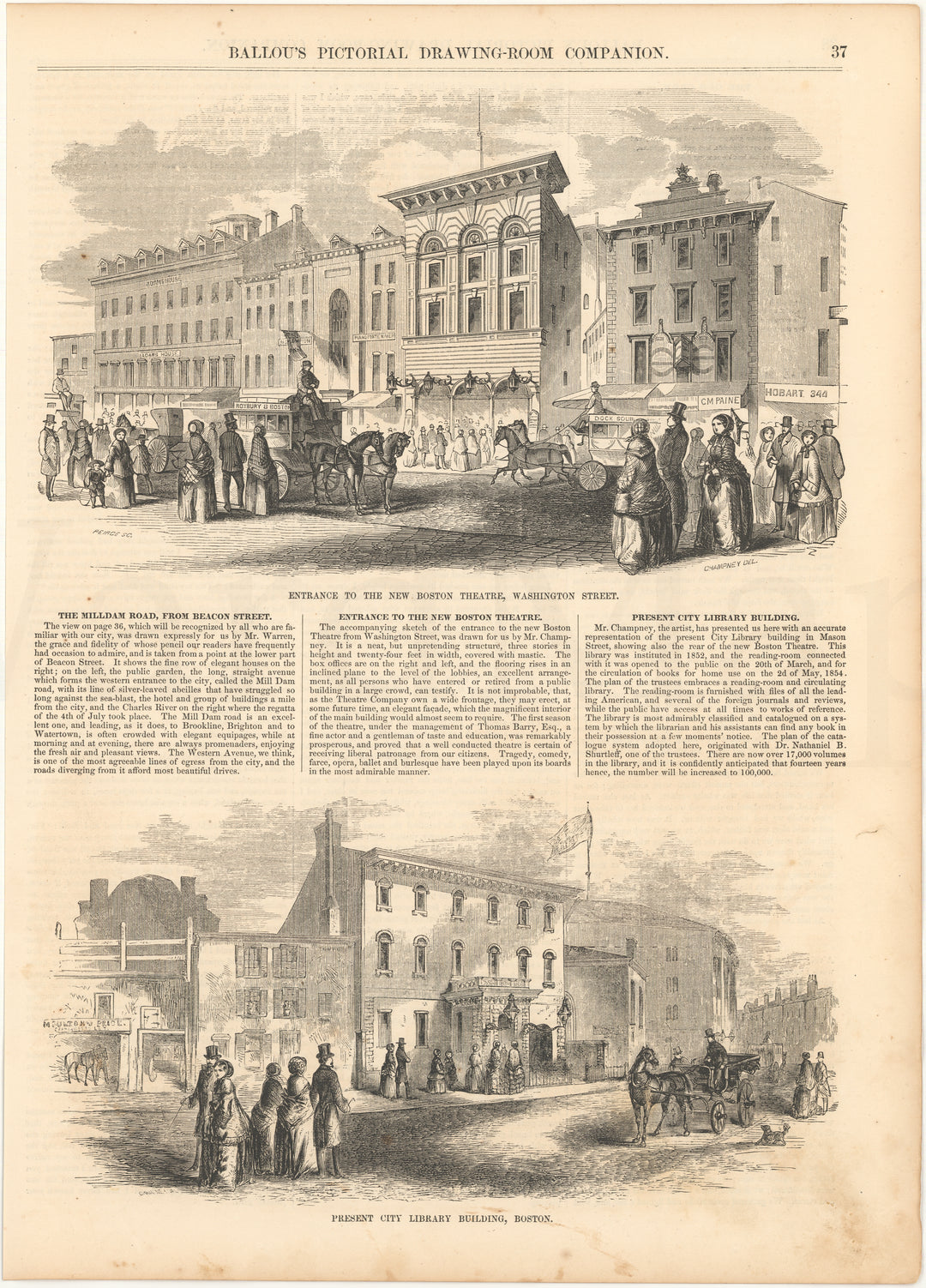 Ballou's Pictorial Vol IX 1855 July-Dec pp 037: New Boston Theater and Present City Library, Boston, Massachusetts