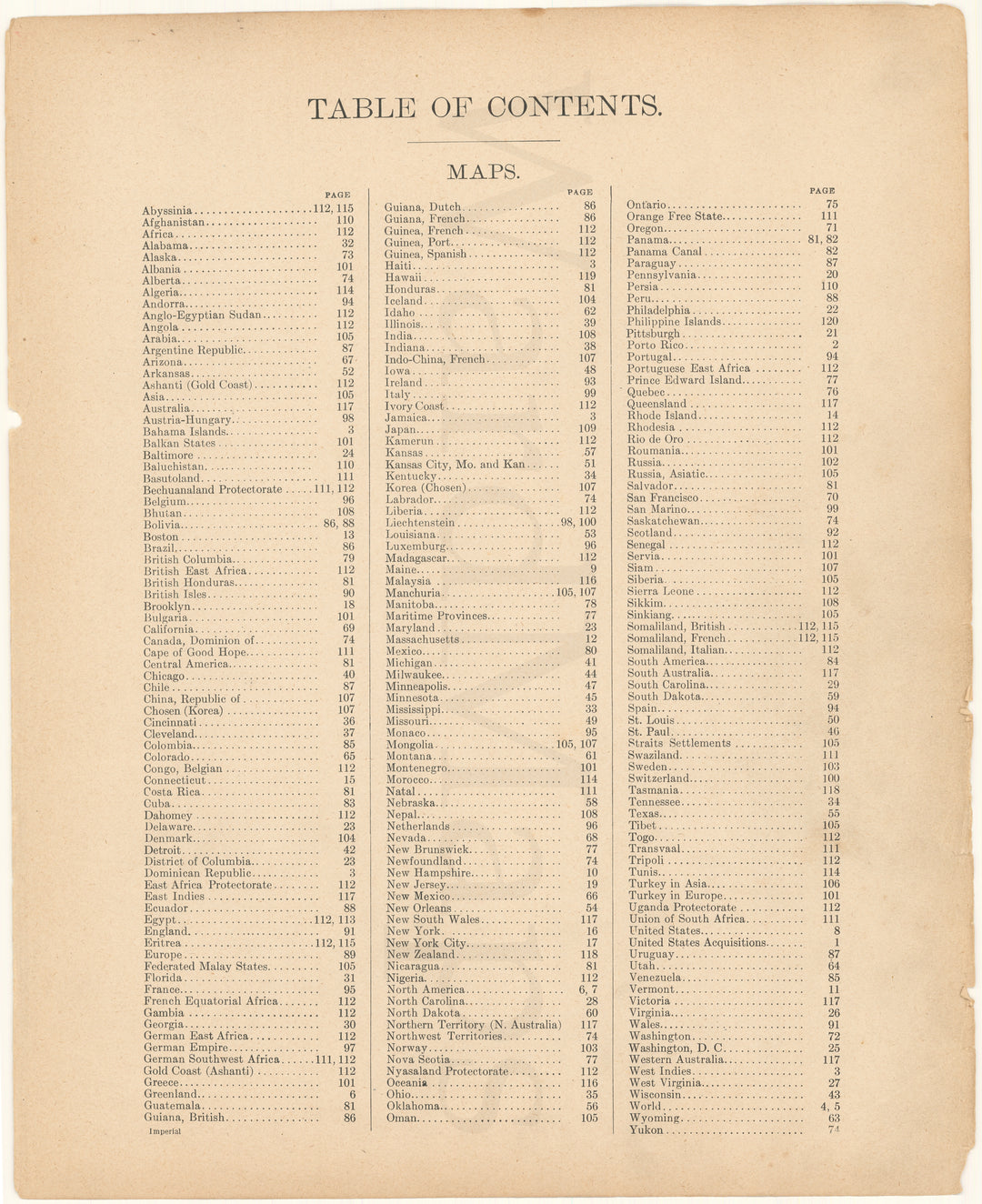 Imperial Atlas of The World 1916 Table of Contents
