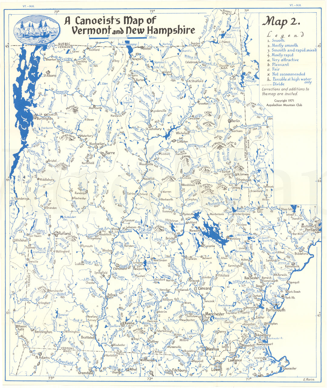 Canoeist's Map of Vermont and New Hampshire 1971