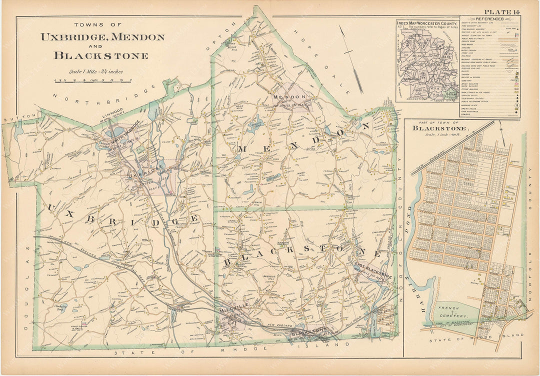 Worcester County, Massachusetts 1898 Plate 014: Blackstone, Mendon, and Uxbridge