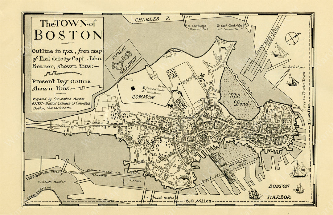 Boston in 1722 with Outline in 1928