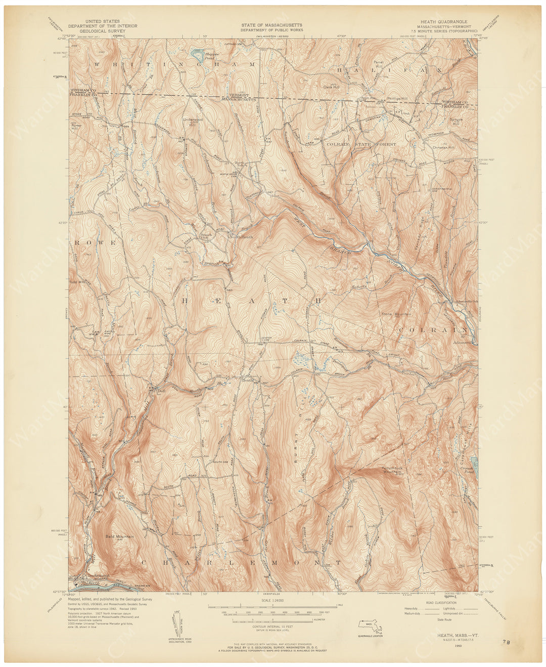 USGS Massachusetts and Vermont: Heath Sheet 1950