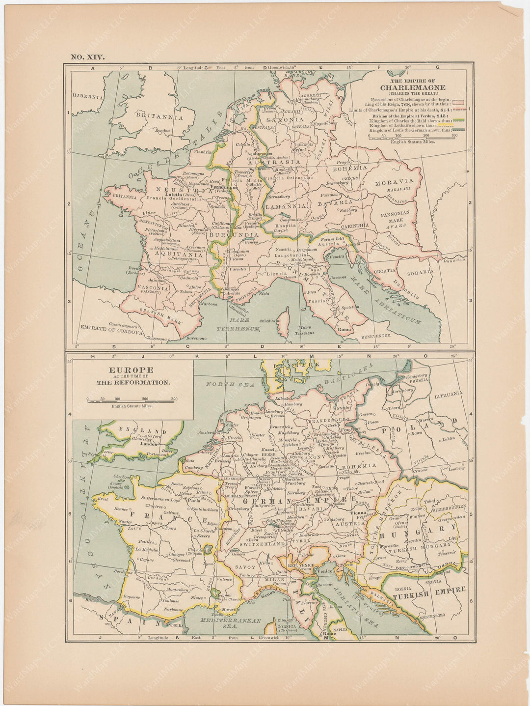 Classical Map 1897 no. XIV: Empire of Charlemagne and Europe at the time of the Reformation