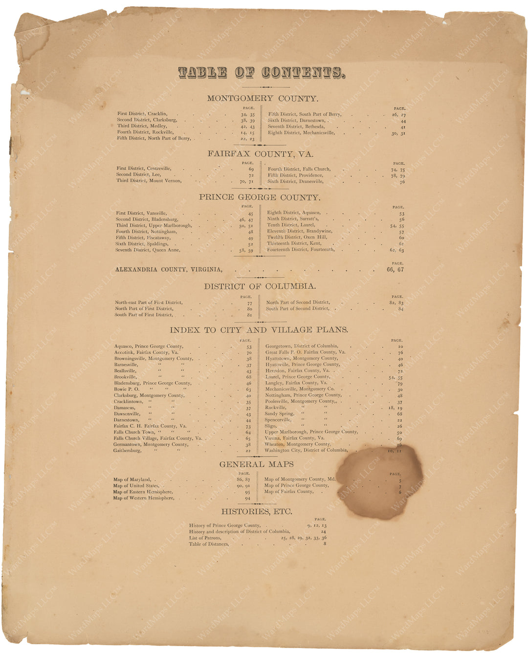 Atlas of Fifteen Miles Around Washington D.C. 1878 Table of Contents
