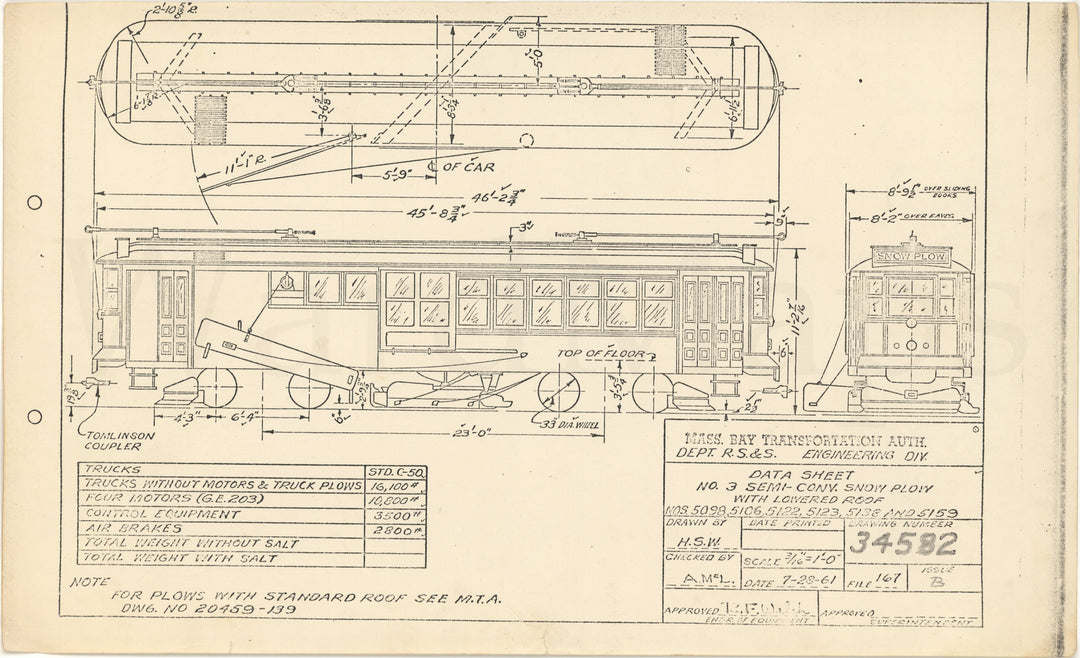 MBTA Type 3 Semi-Convertible Streetcar Snowplow with Lowered Roof 1961