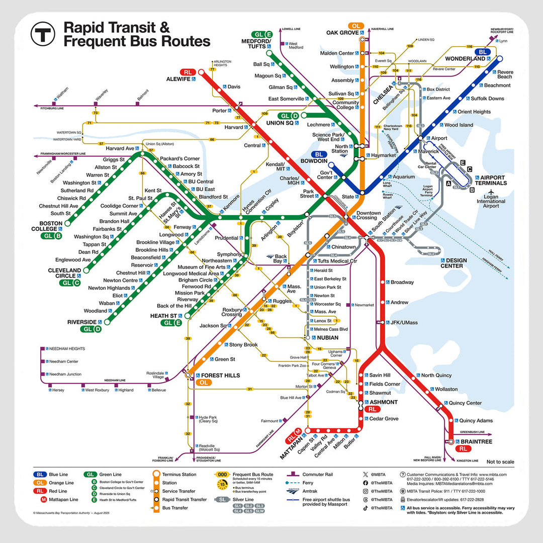 Boston MBTA Rapid Transit Map Sticker 4"x4" (2026)
