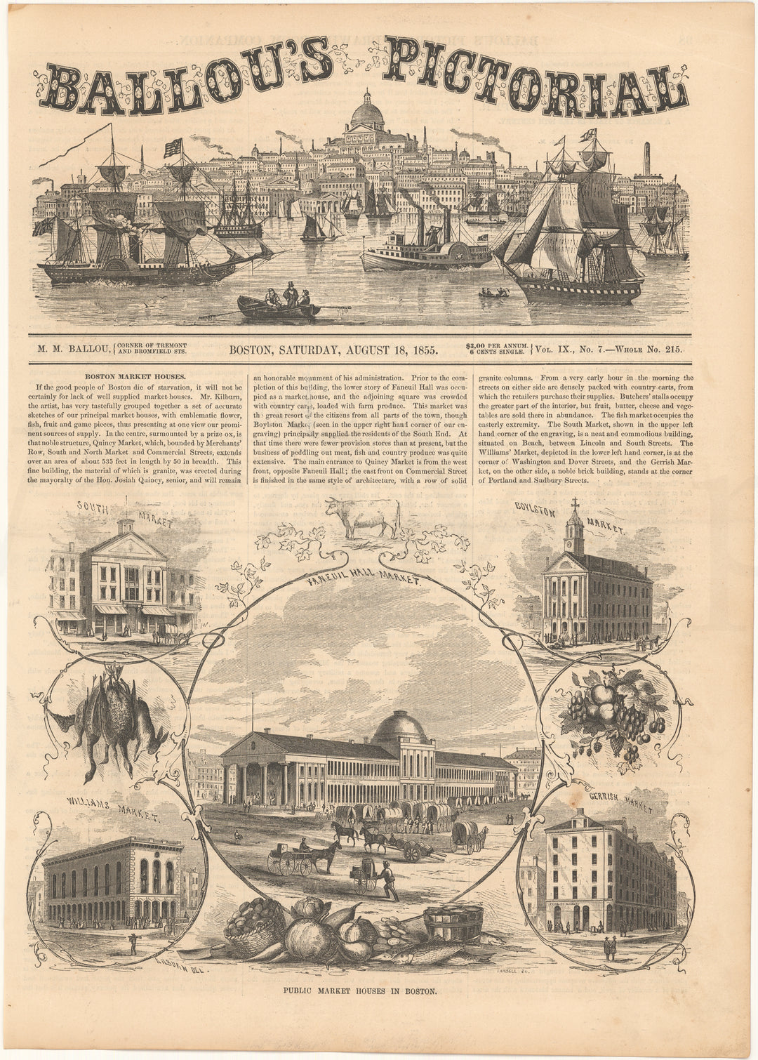 Ballou's Pictorial 1855 Aug 18: Public Market Houses in Boston, Massachusetts