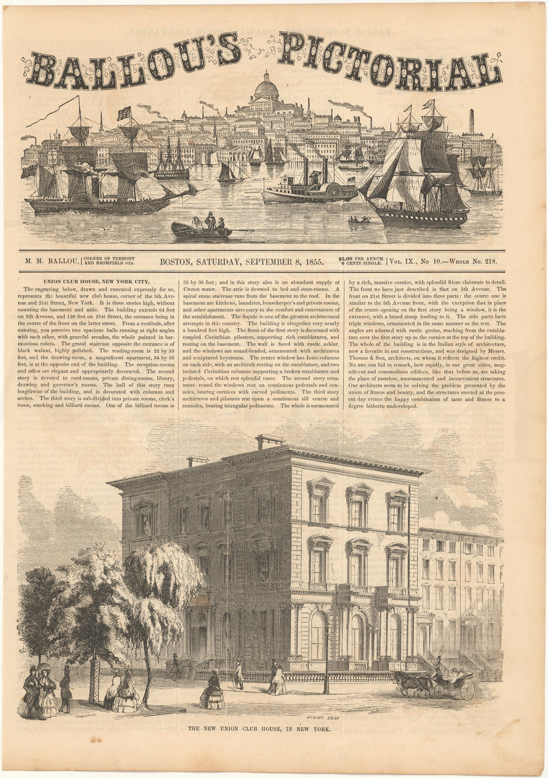 Ballou's Pictorial 1855 Sep 08: New Union Club House, New York, New York