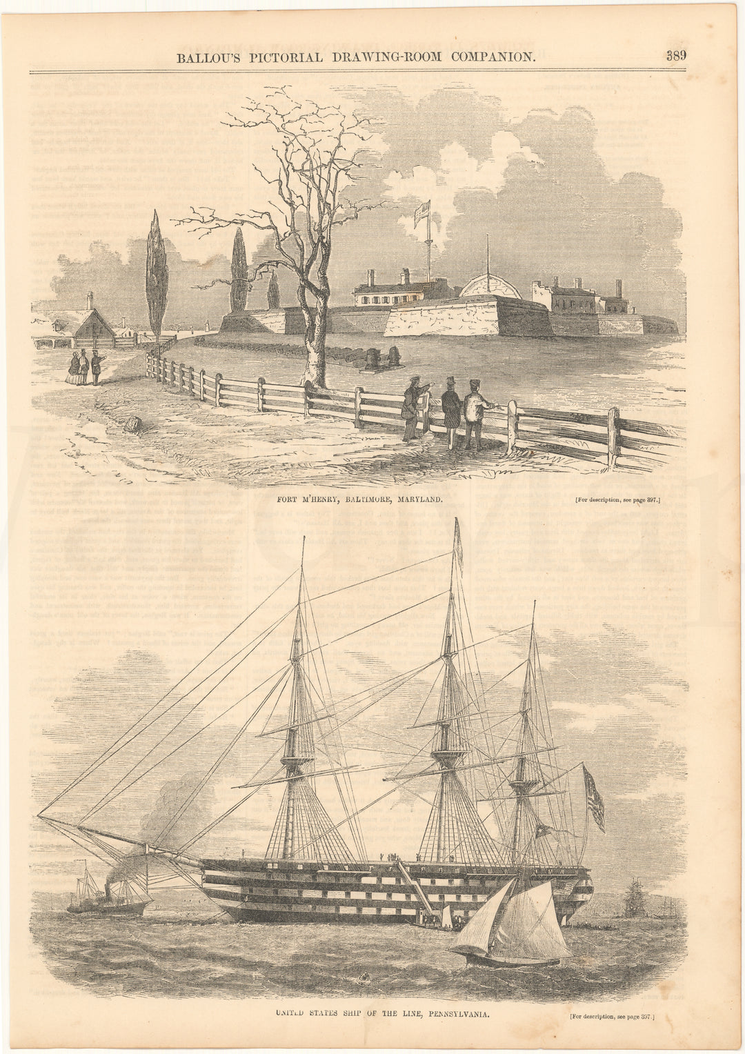 Ballou's Pictorial Vol IX 1855 July-Dec pp 389: Fort McHenry, Baltimore, Maryland; U.S. Ship of the Line, Pennsylvania