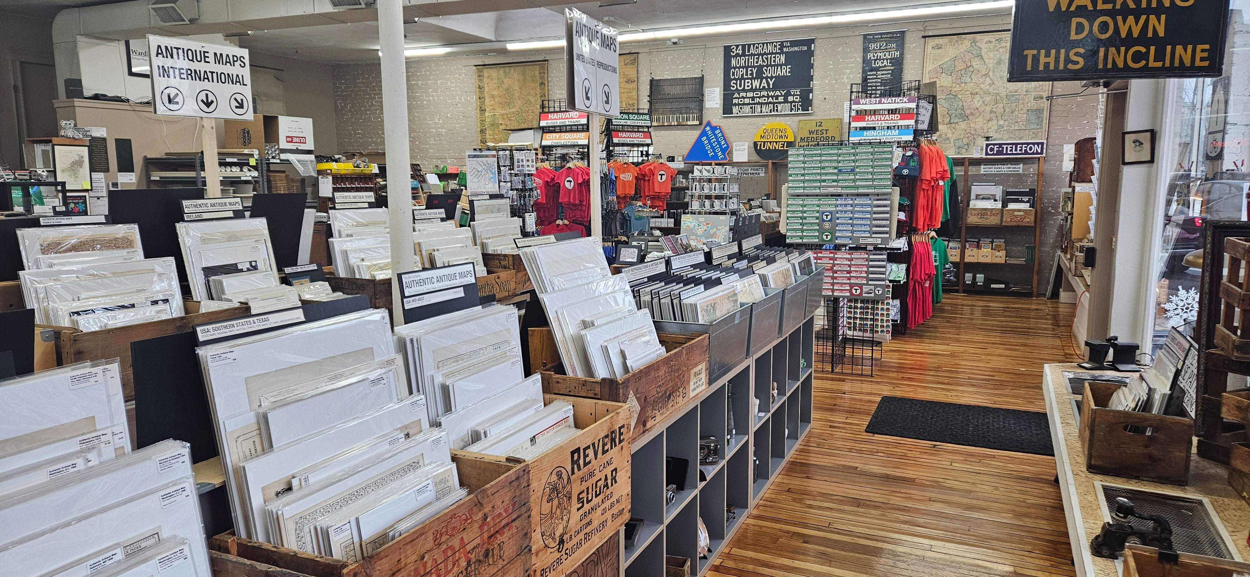 Interior of WardMaps Retail Store Showing Bins and MBTAgifts