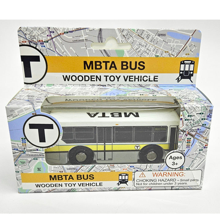 Boston MBTA Wooden Toy Bus (XDE40) (Runs on Wooden Train Tracks)