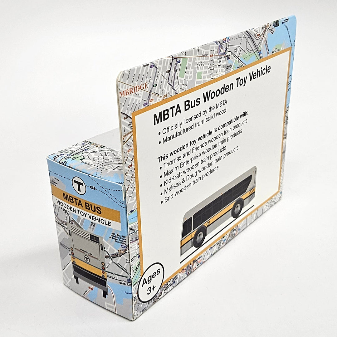 Boston MBTA Wooden Toy Bus (XDE40) (Runs on Wooden Train Tracks)