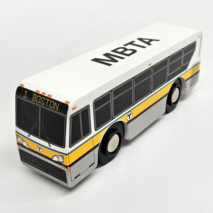 Boston MBTA Wooden Toy Bus (XDE40) (Runs on Wooden Train Tracks)