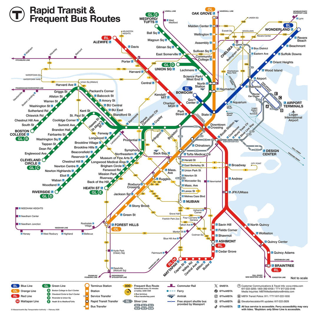 2026 MBTA Rapid Transit & Frequent Bus Routes Map (Feb. 2026)