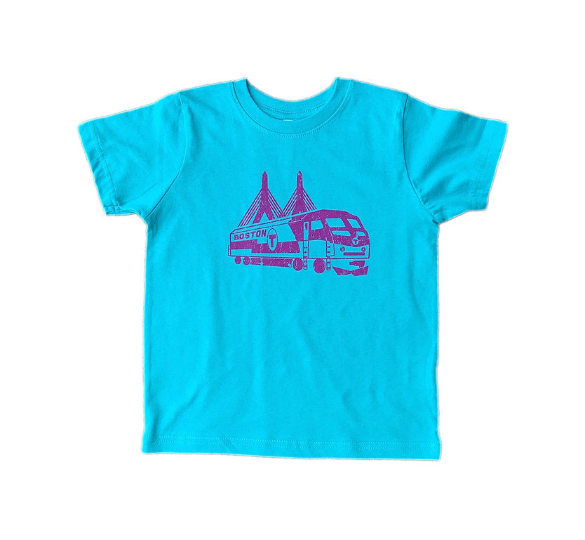 Bright Blue T-Shirt with Purple MBTA Commuter Rail Locomotive in front of the Zakim Bridge