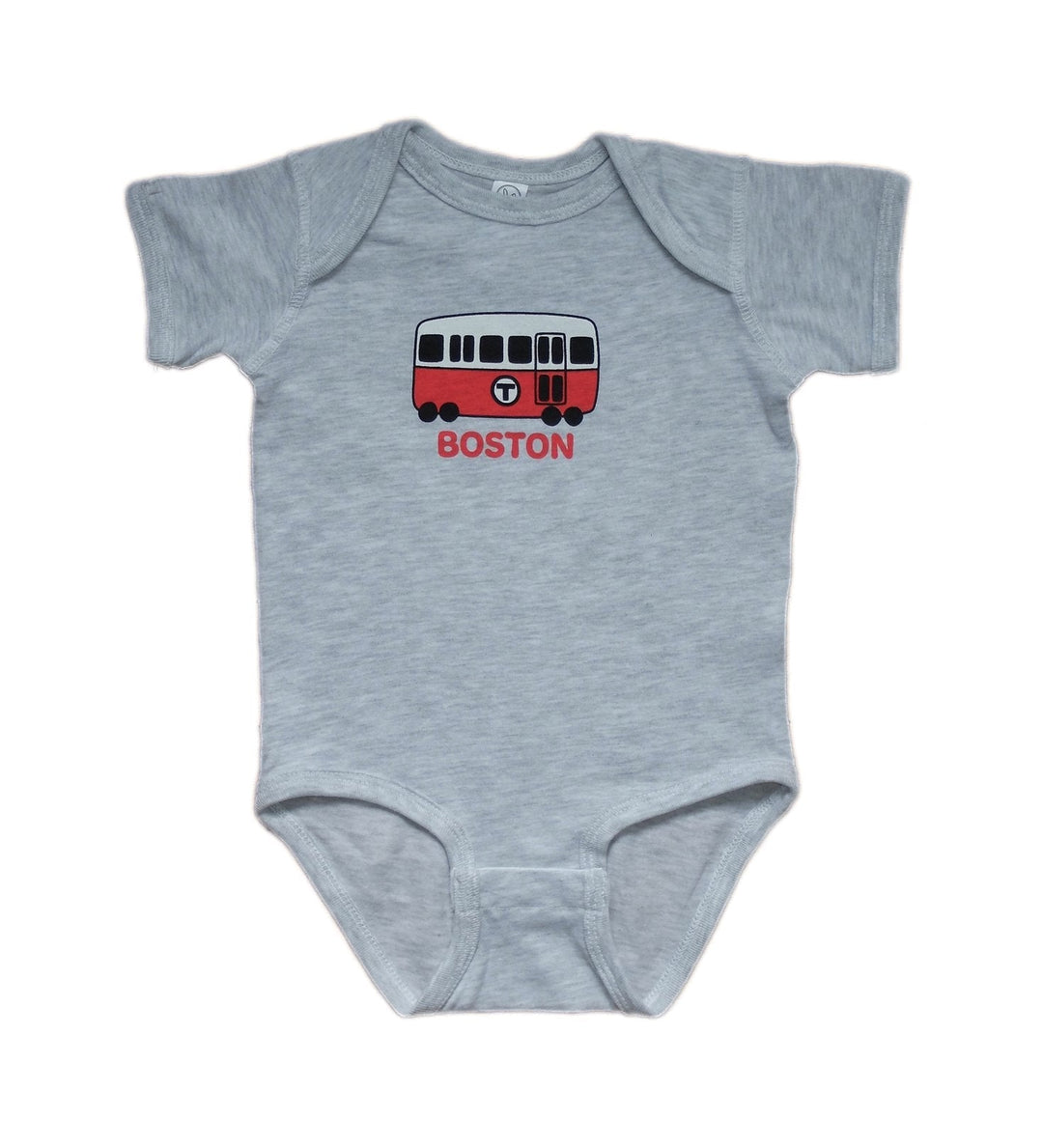 Gray Short Sleeve Onesie with Hand Drawn Red Line Subway Car; "BOSTON" underneath