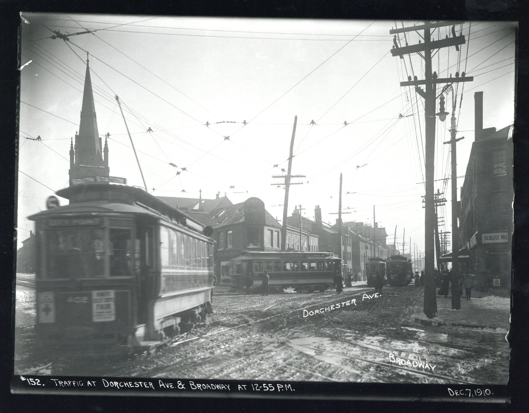 Streetcars at Dorchester Avenue and Broadway, South Boston, Massachusetts, December 7, 1910