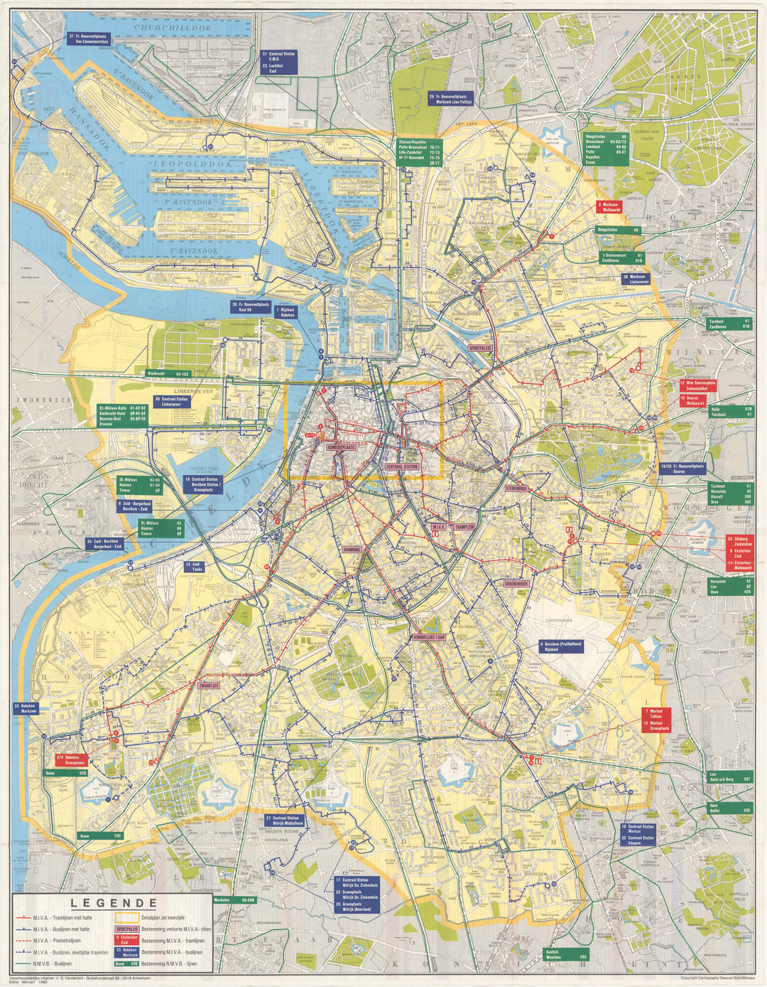 Antwerp, Belgium MIVA Transit System Map 1990 (Side A)