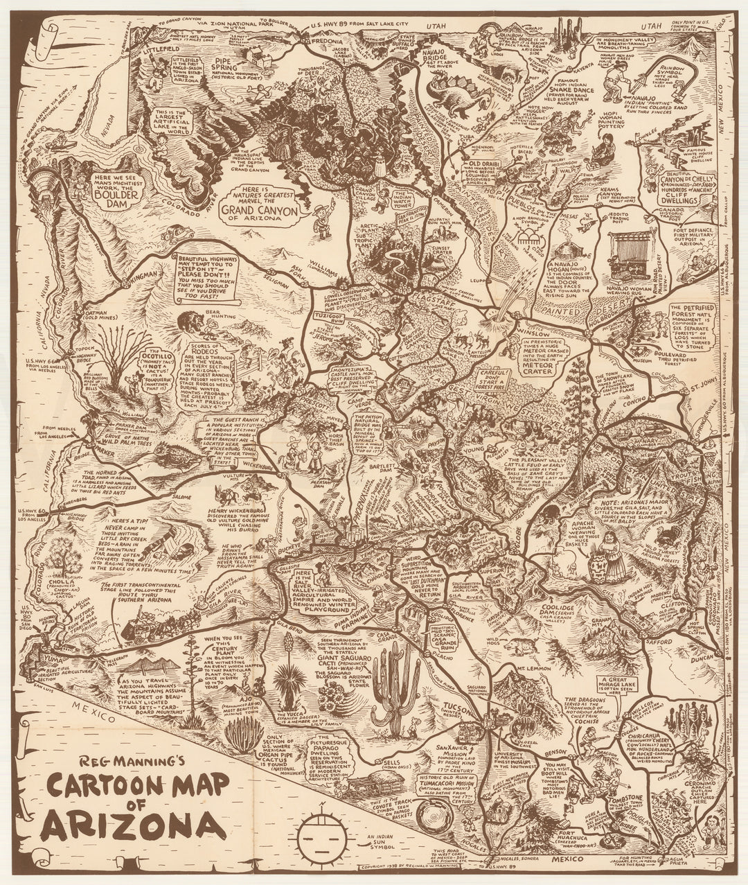 Arizona 1938 "Reg Manning's Cartoon Map"