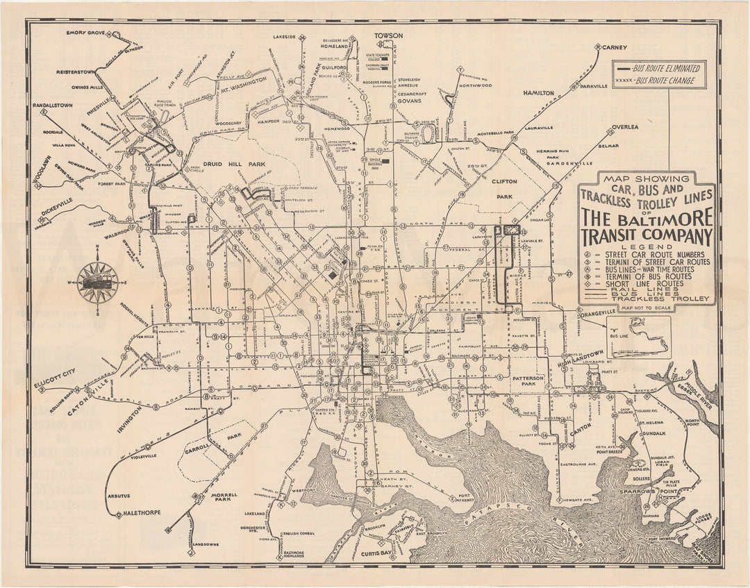 Baltimore Transit Co. (Maryland) System Map 1944 June 26