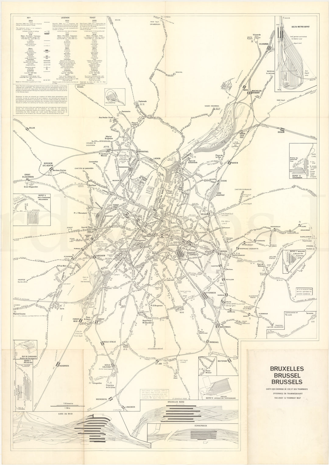 Brussels, Belgium Railroad and Transit Map 1984