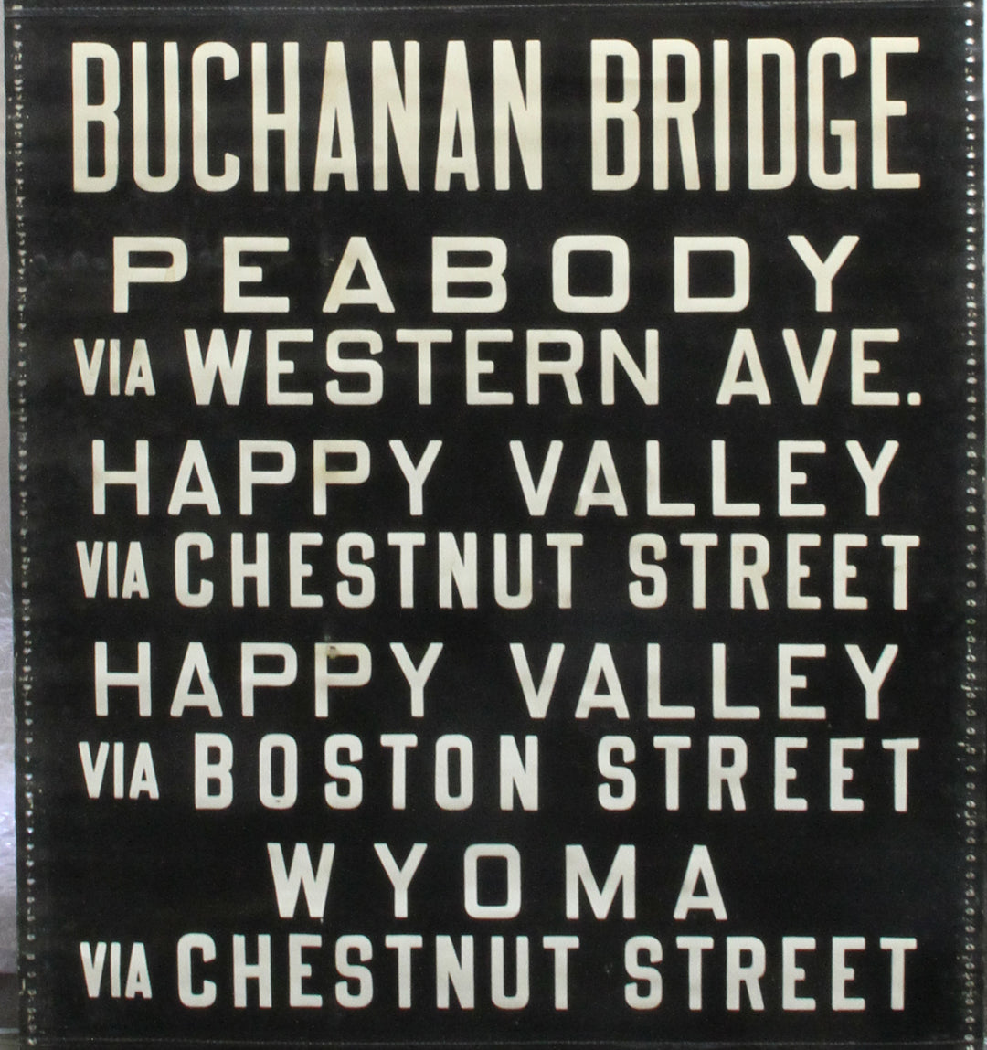 E. Mass. St. Ry. Co. Rollsign Curtain: Buchanan Bridge, Peabody, Happy Valley