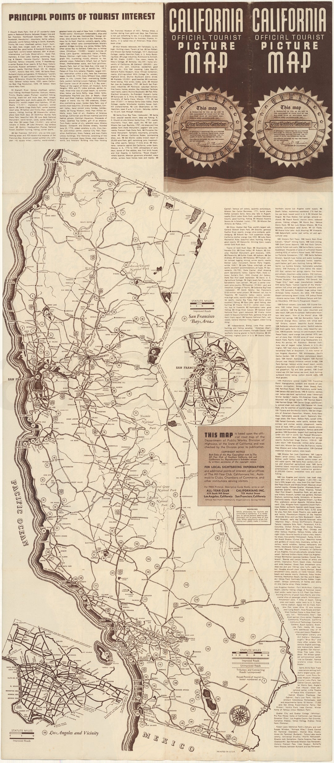 California 1936 Official Tourist Picture Map (Side B)