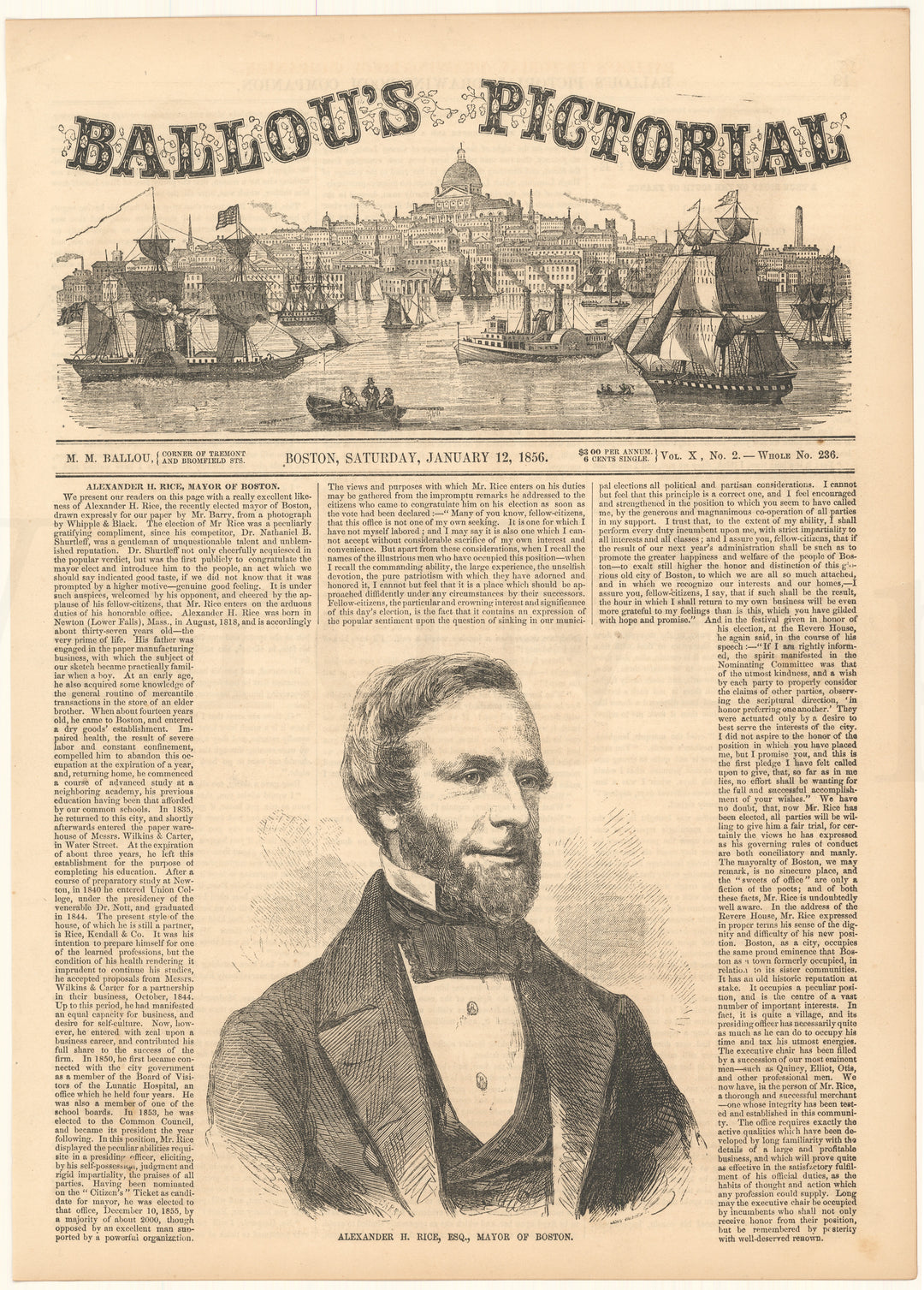 Ballou's Pictorial 1856: Mayor Rice, Boston, Massachusetts
