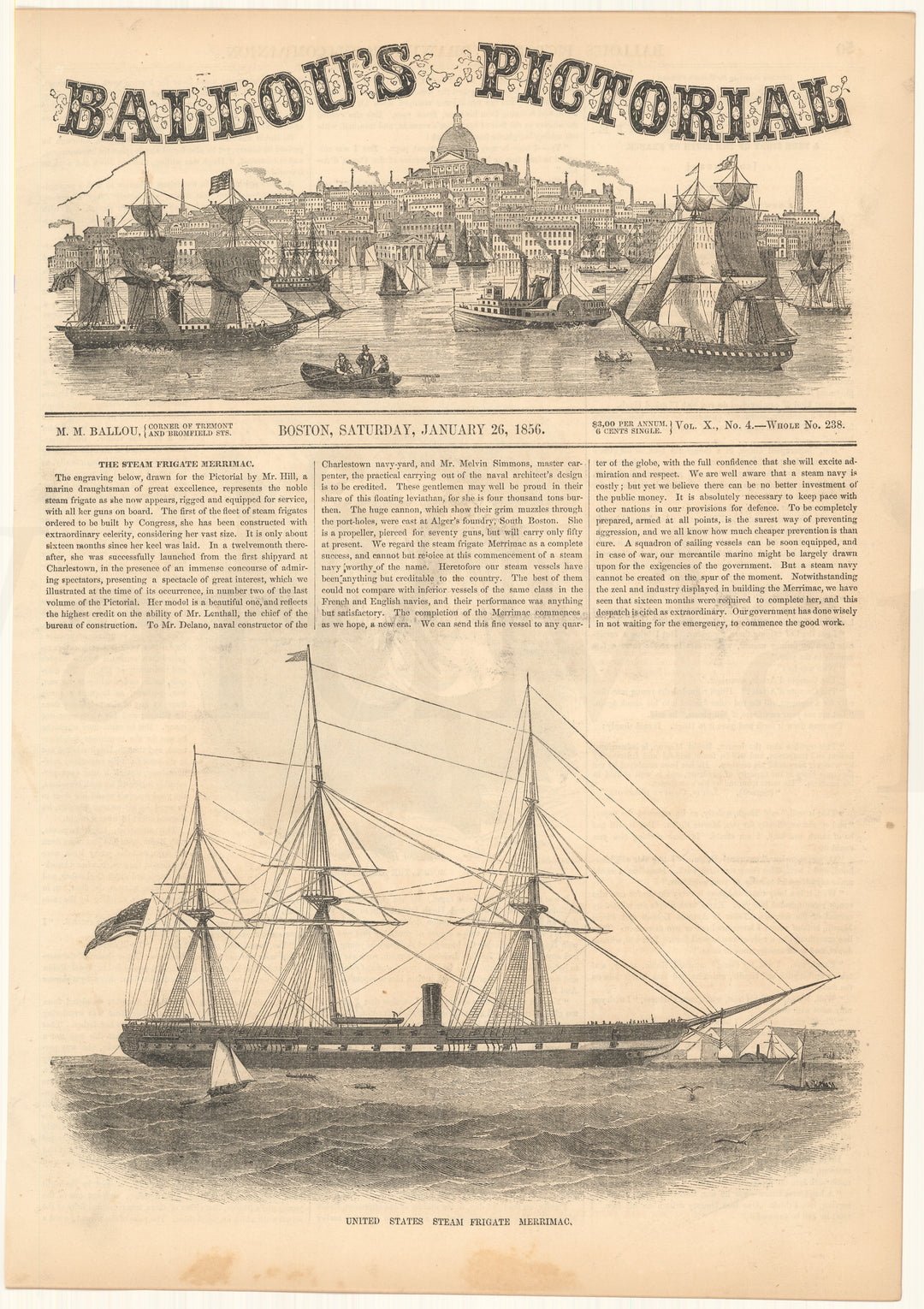 Ballou's Pictorial 1856: U.S. Steam Frigate Merrimac