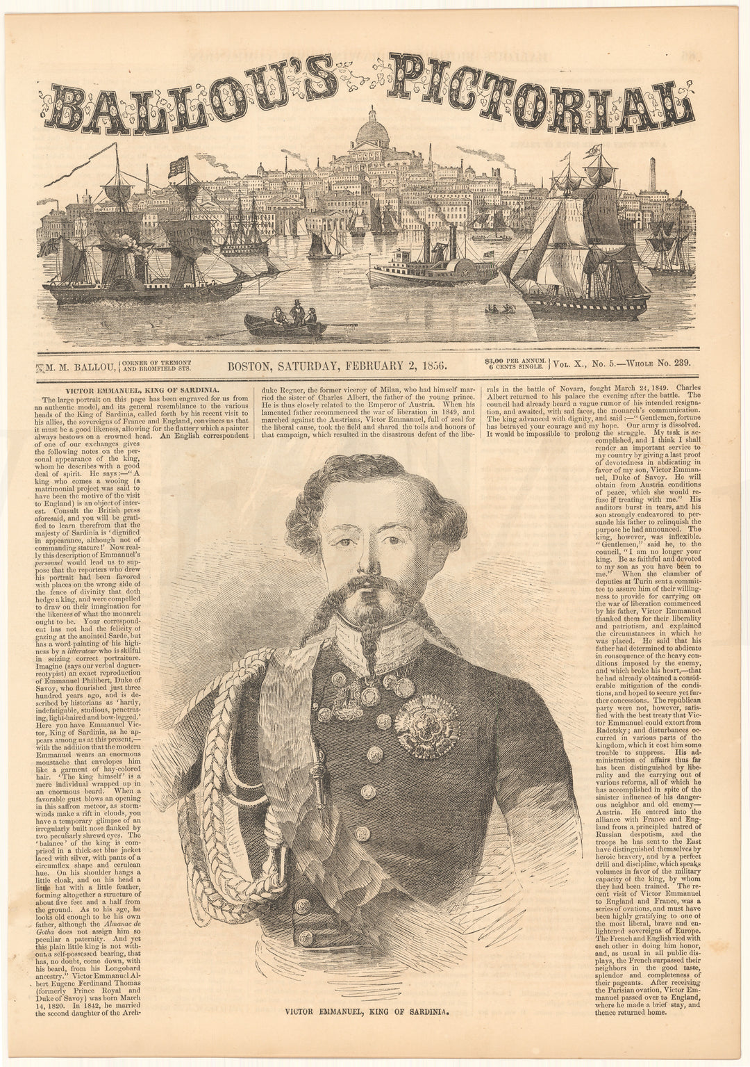 Ballou's Pictorial 1856: Victor Emmanuel, King of Sardinia (Italy)