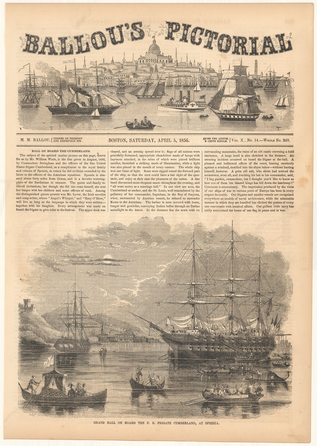 Ballou's Pictorial 1856: U.S. Frigate Cumberland, La Spezia, Italy