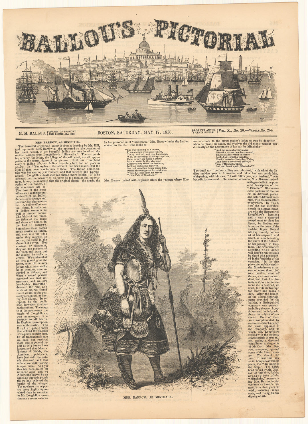 Ballou's Pictorial 1856: Mrs. Barrow as Minehaha