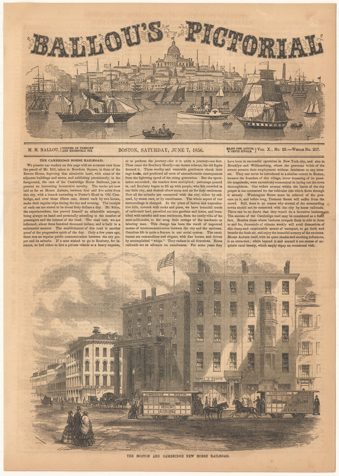 Ballou's Pictorial 1856: Bowdoin Square Horsecar, Boston, Massachusetts