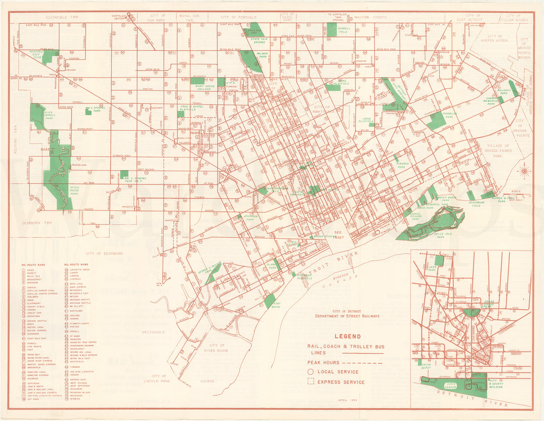 Detroit, Michigan Streetcar, Coach, and Trolley Bus Lines 1954 April