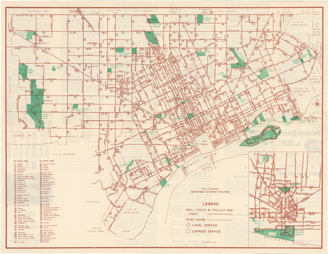 Detroit, Michigan Streetcar, Coach, and Trolley Bus Lines 1954 January