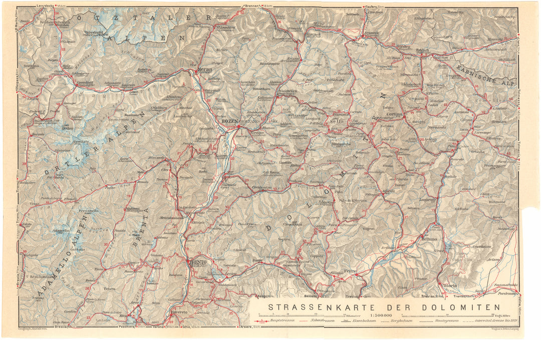 Dolomites, South Tyrol, Italy 1929 Road Map