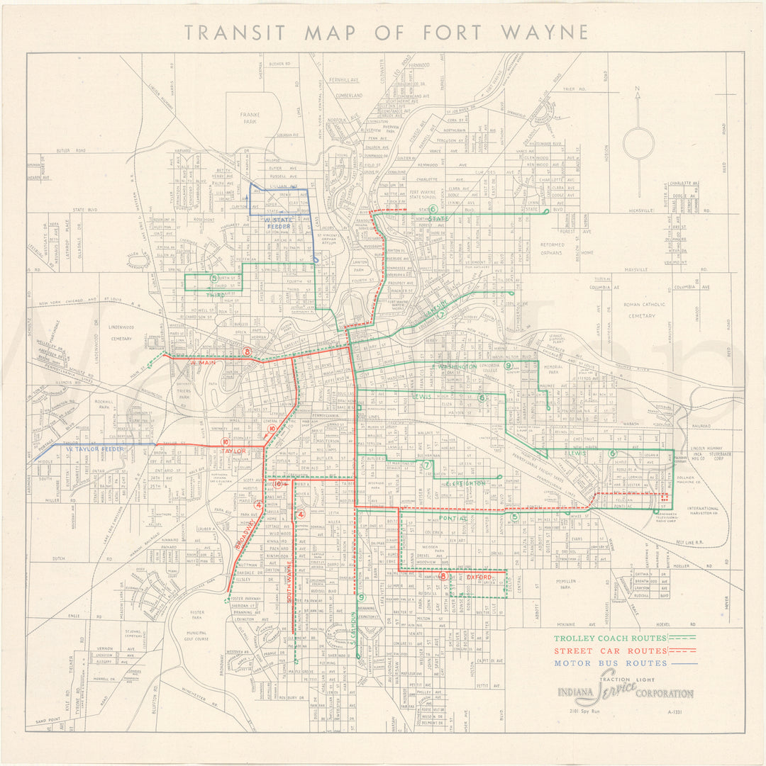 Fort Wayne, Indiana Transit Map 1944