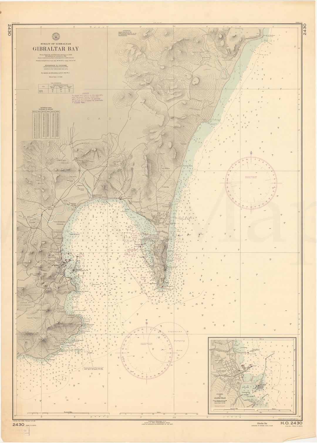 Gibraltar Bay, Gibraltar and Spain Nautical Chart 1958