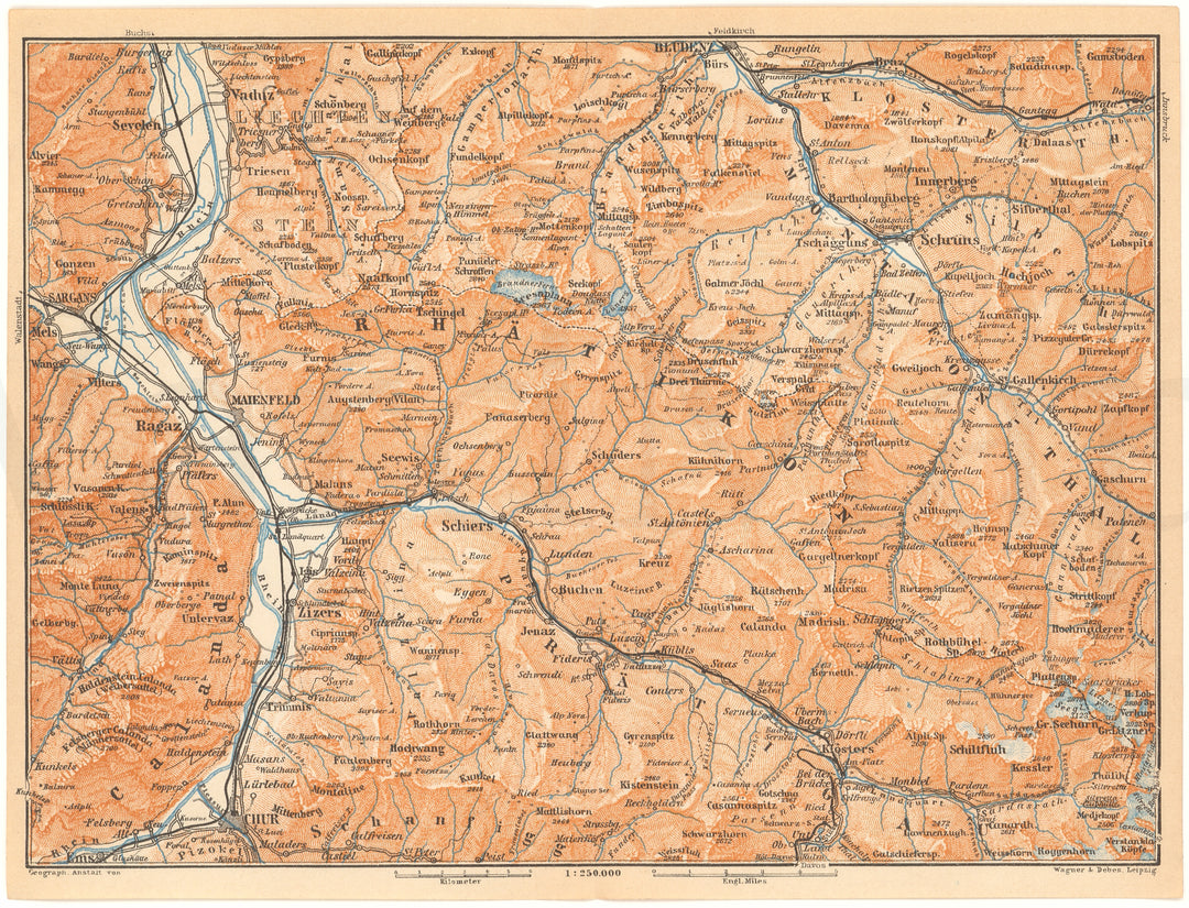 Grisons Canton (North-Central Part), Switzerland 1911: Chur - Ragaz - Schiers Region