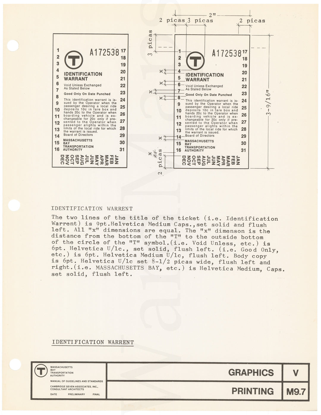 MBTA Printed Materials Specification Sheet 1966: Identification Warrent