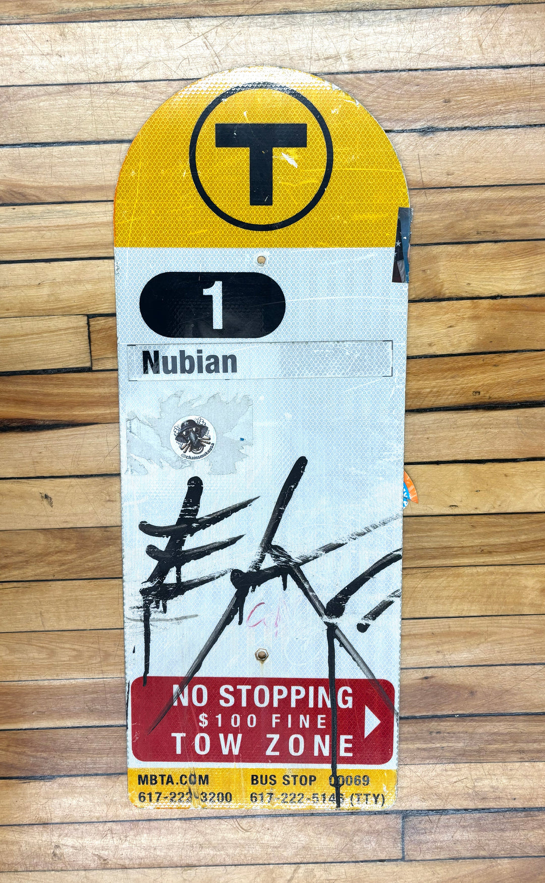 Decommissioned MBTA Bus Stop Sign: 1 Nubian (00069)