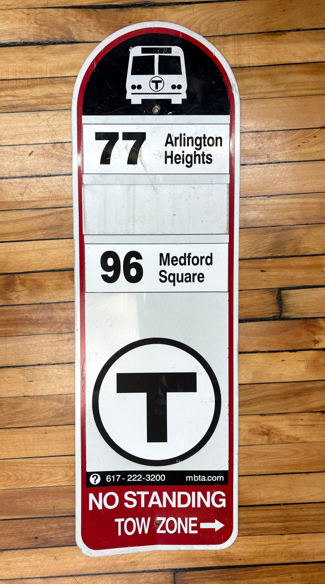 Decommissioned MBTA Bus Stop Sign: 77 Arlington Heights; 96 Medford Square