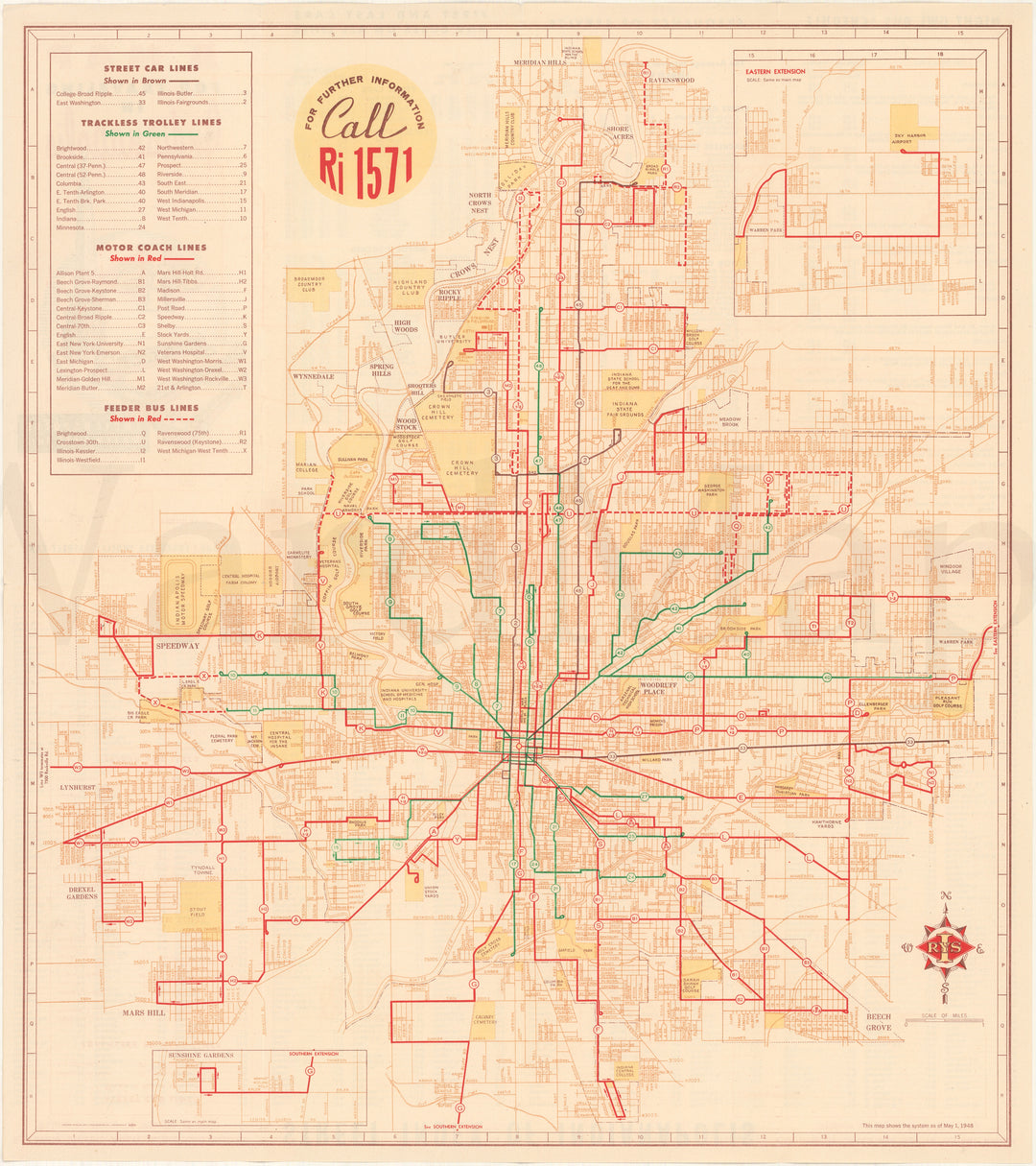Indianapolis, Indiana Transit Map 1948