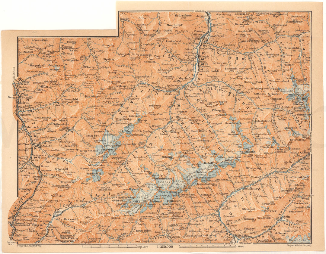 Innsbruck Region and Central Tyrol, Austria 1911 (Southeast of Innsbruck with Zillertal Alps)