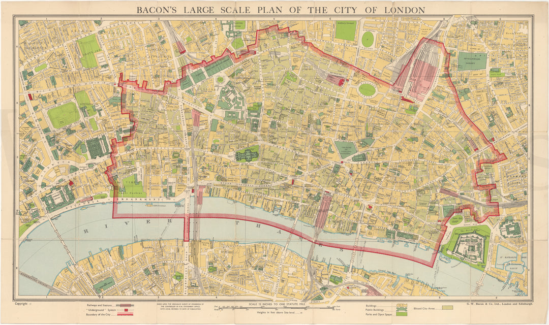 London, England 1942 (Blitz Map) "Bacon's Large Scale Plan of The City of London"