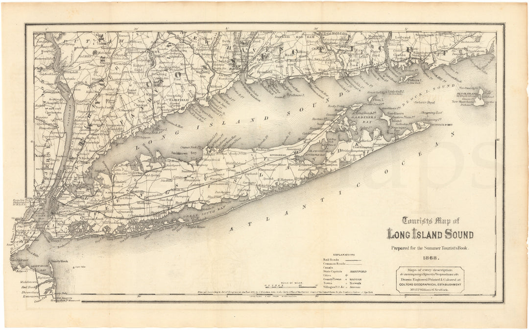 Tourists' Map of Long Island Sound, Connecticut and New York 1868