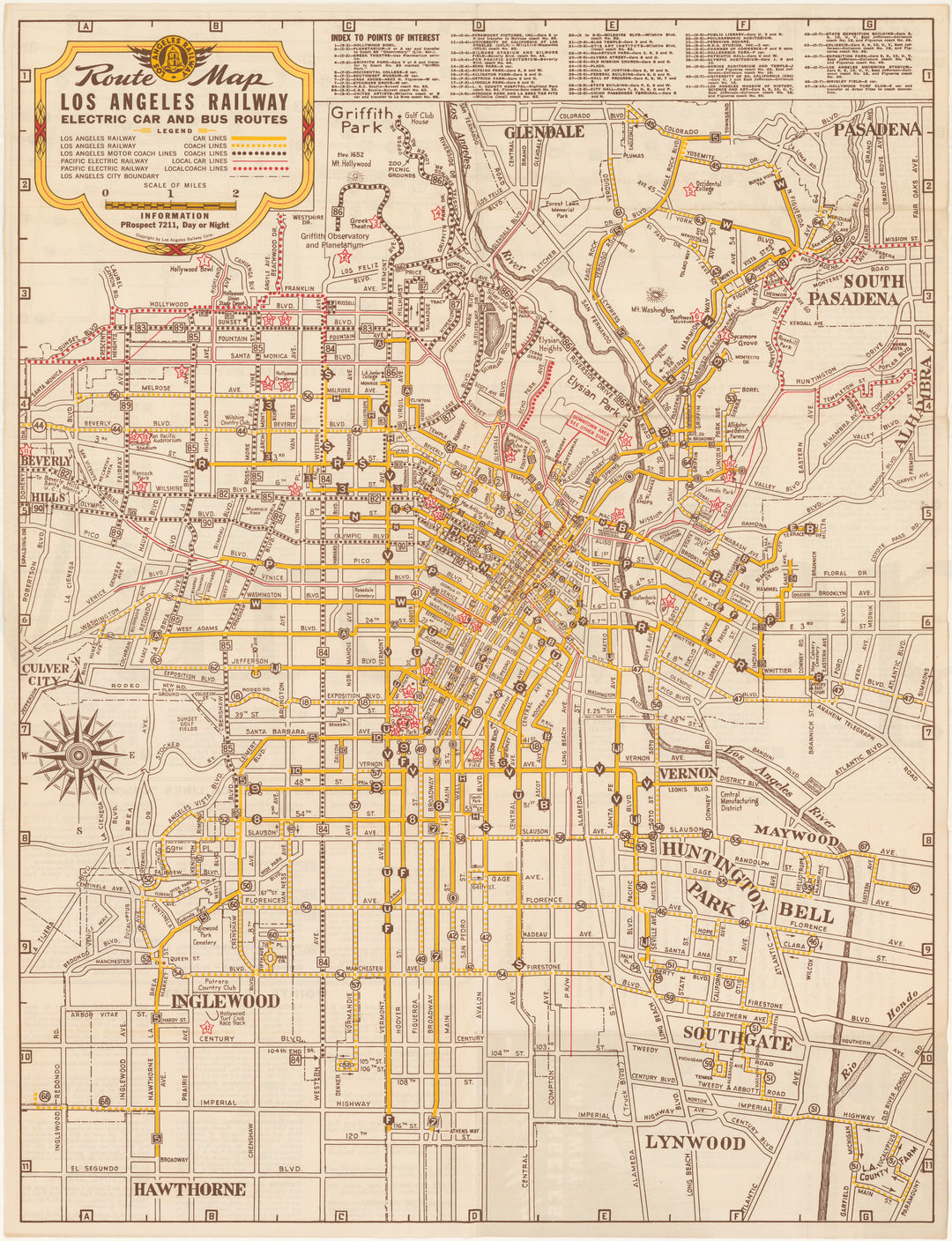 Los Angeles (California) Railway Electric Streetcar and Bus Routes 1942 (Side A)