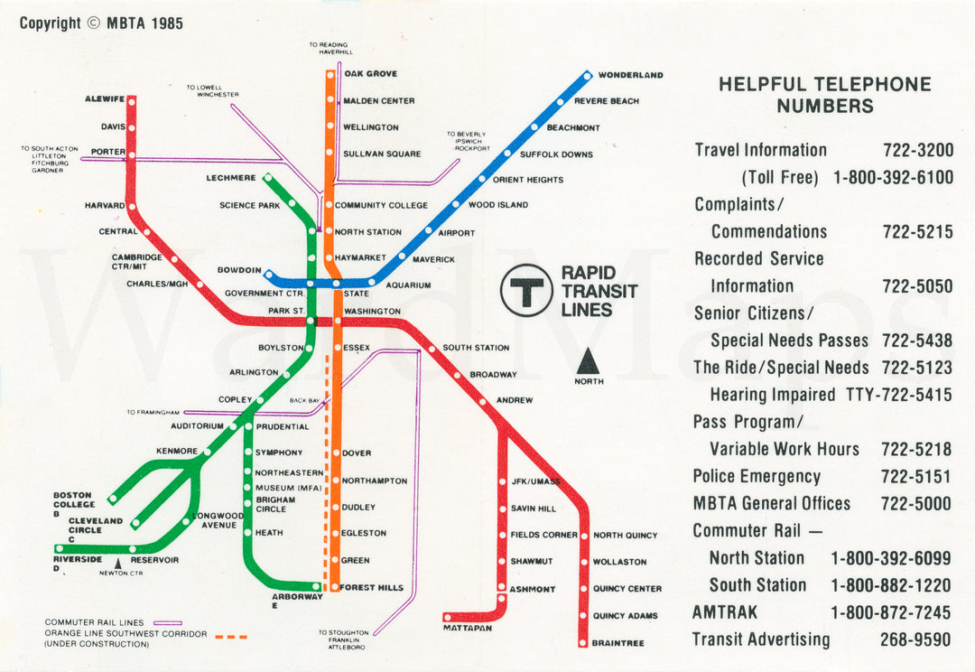 MBTA Folding Pocket Rapid Transit Map 1985 (Side A)