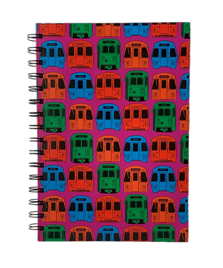Pink Spiral Notebook with Colorful Boston MBTA Vehicles Pattern